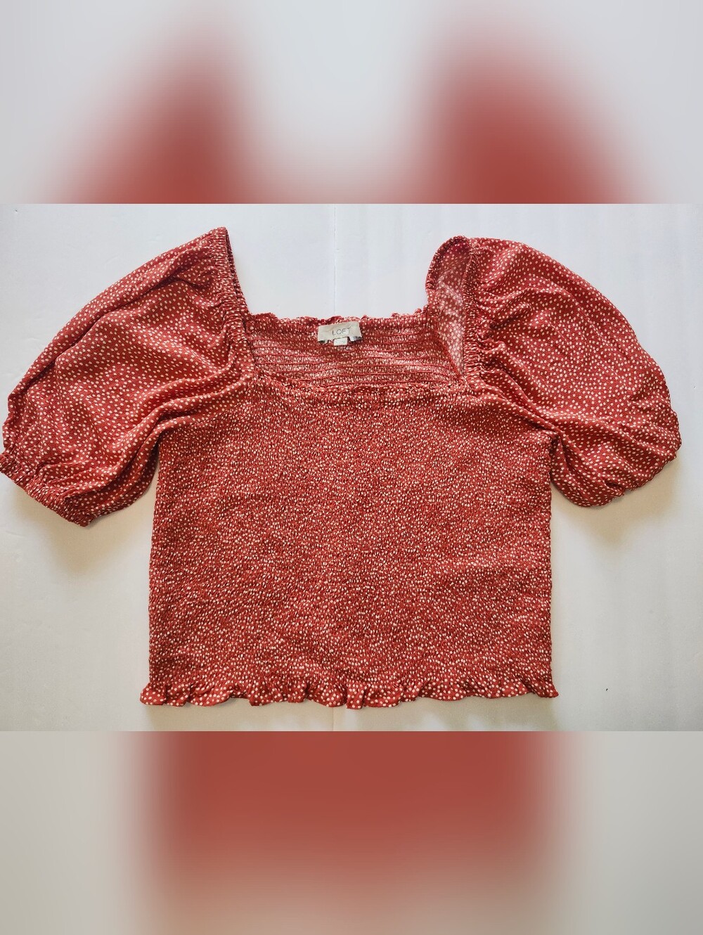 LOFT Orange White Polkadot Puff-Sleeve Off Shoulder Smocked Crop Top Blouse S M